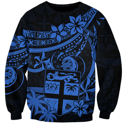 Fiji Islands Sweatshirt Coat of Arms Fijian Flower Polynesian Pattern Blue