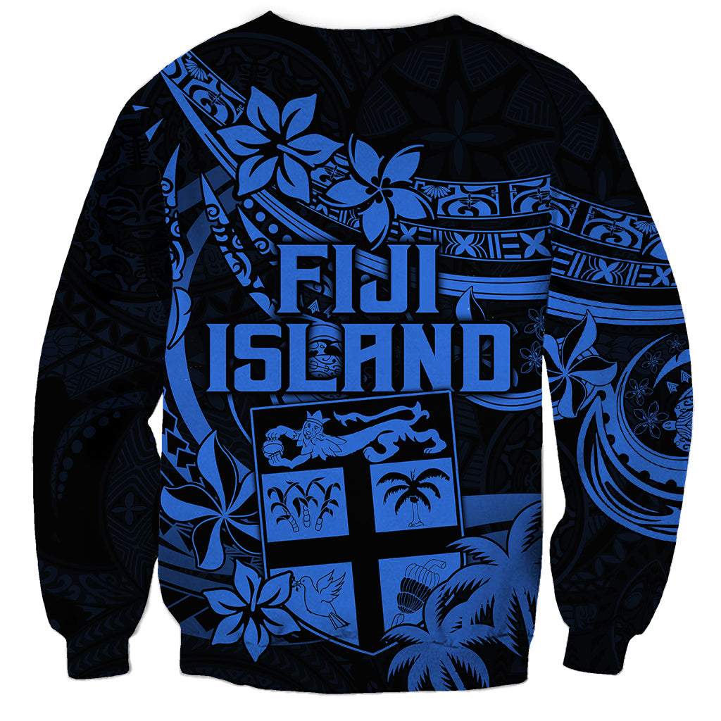 Fiji Islands Sweatshirt Coat of Arms Fijian Flower Polynesian Pattern Blue