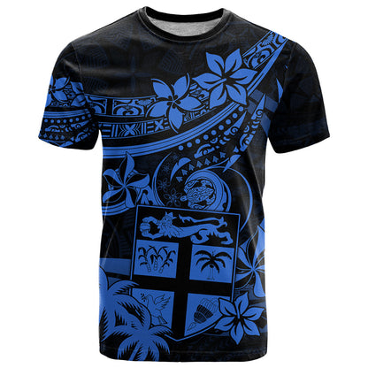 Fiji Islands T Shirt Coat of Arms Fijian Flower Polynesian Pattern Blue