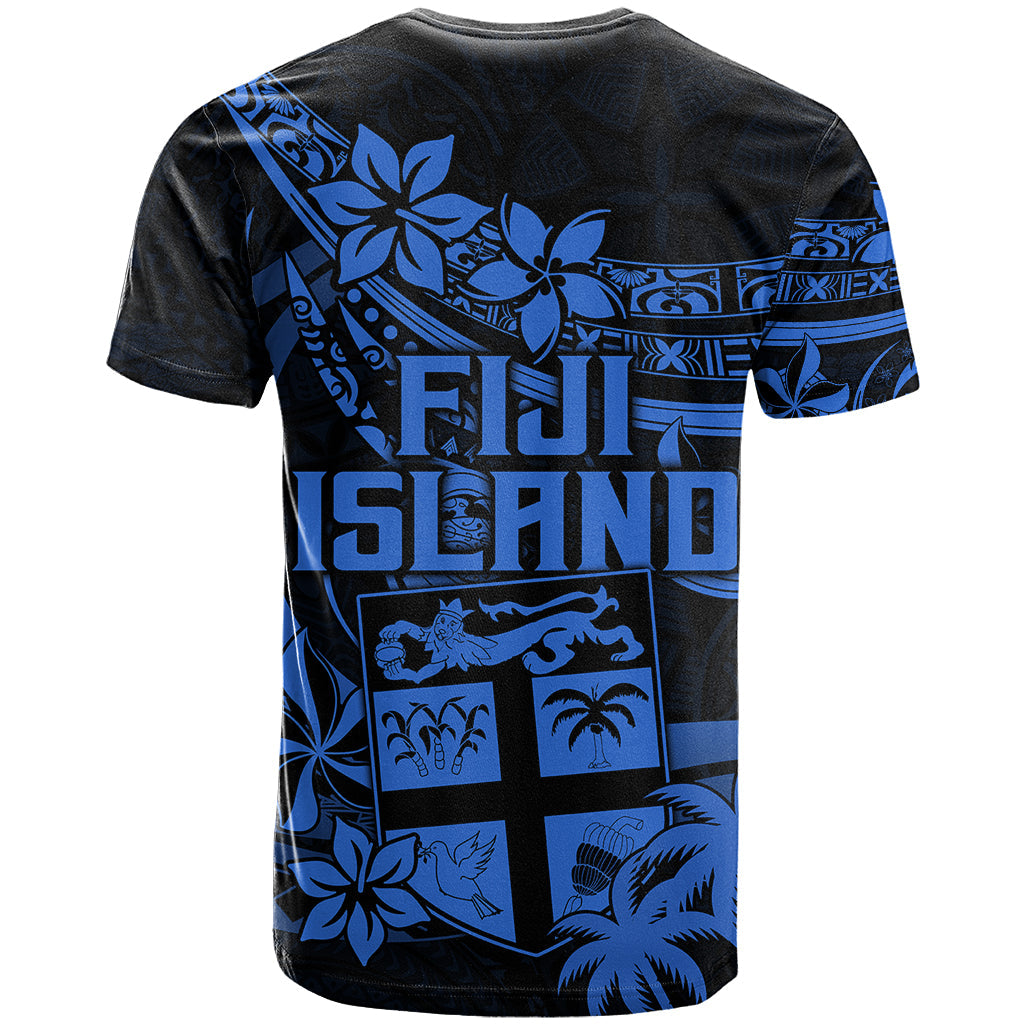 Fiji Islands T Shirt Coat of Arms Fijian Flower Polynesian Pattern Blue