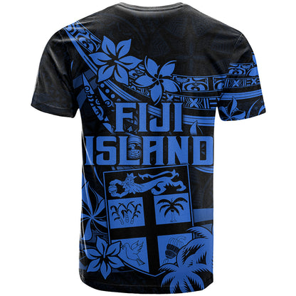 Fiji Islands T Shirt Coat of Arms Fijian Flower Polynesian Pattern Blue