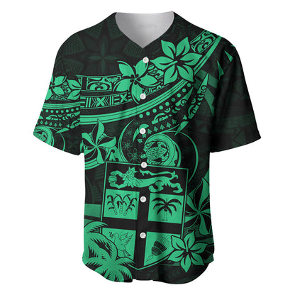 Fiji Islands Baseball Jersey Coat of Arms Fijian Flower Polynesian Pattern Green