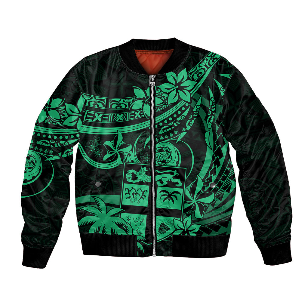 Fiji Islands Bomber Jacket Coat of Arms Fijian Flower Polynesian Pattern Green