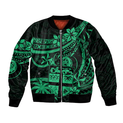Fiji Islands Bomber Jacket Coat of Arms Fijian Flower Polynesian Pattern Green