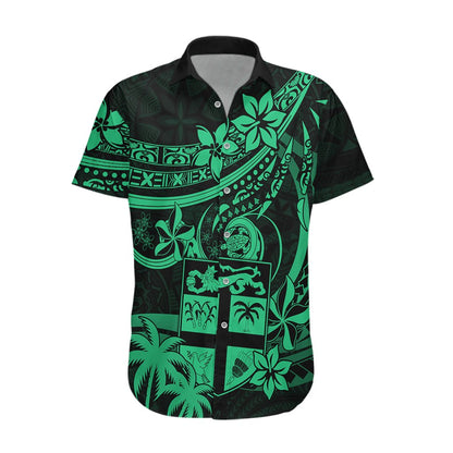 Fiji Islands Hawaiian Shirt Coat of Arms Fijian Flower Polynesian Pattern - Green