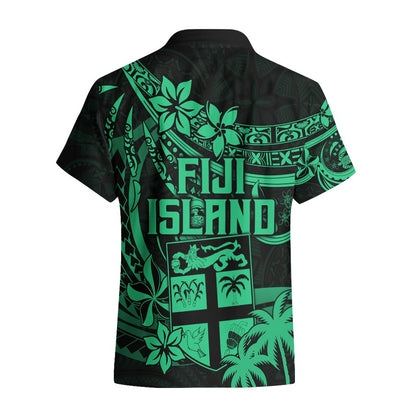 Fiji Islands Hawaiian Shirt Coat of Arms Fijian Flower Polynesian Pattern - Green