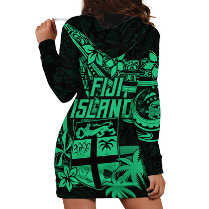 Fiji Islands Hoodie Dress Coat of Arms Fijian Flower Polynesian Pattern Green