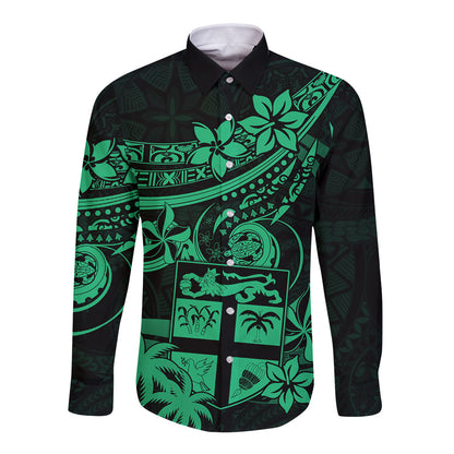 Fiji Islands Long Sleeve Button Shirt Coat of Arms Fijian Flower Polynesian Pattern Green