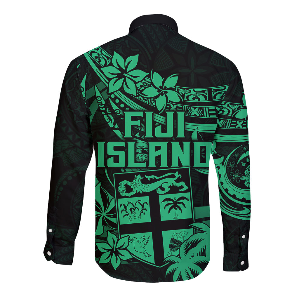 Fiji Islands Long Sleeve Button Shirt Coat of Arms Fijian Flower Polynesian Pattern Green