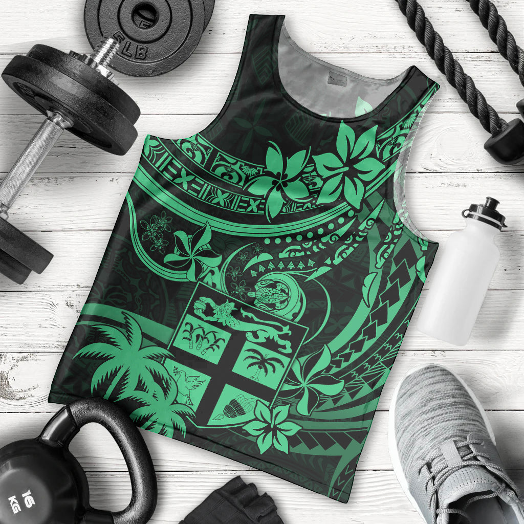 Fiji Islands Men Tank Top Coat of Arms Fijian Flower Polynesian Pattern Green