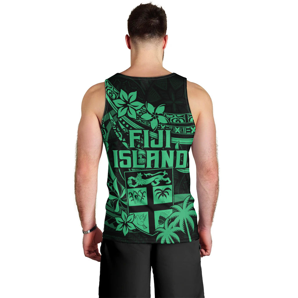 Fiji Islands Men Tank Top Coat of Arms Fijian Flower Polynesian Pattern Green