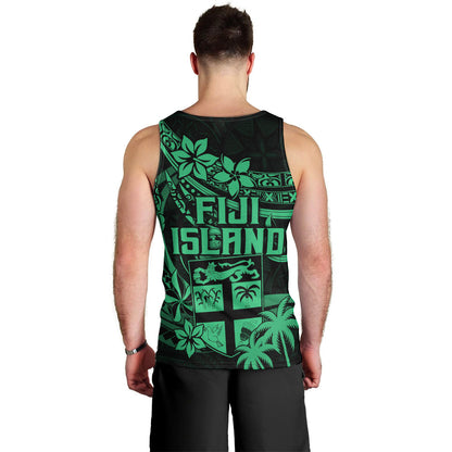 Fiji Islands Men Tank Top Coat of Arms Fijian Flower Polynesian Pattern Green