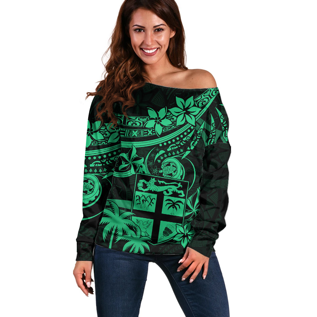 Fiji Islands Off Shoulder Sweater Coat of Arms Fijian Flower Polynesian Pattern Green
