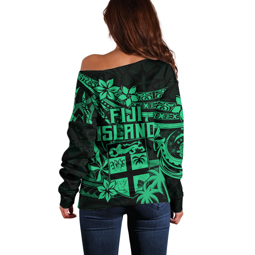 Fiji Islands Off Shoulder Sweater Coat of Arms Fijian Flower Polynesian Pattern Green