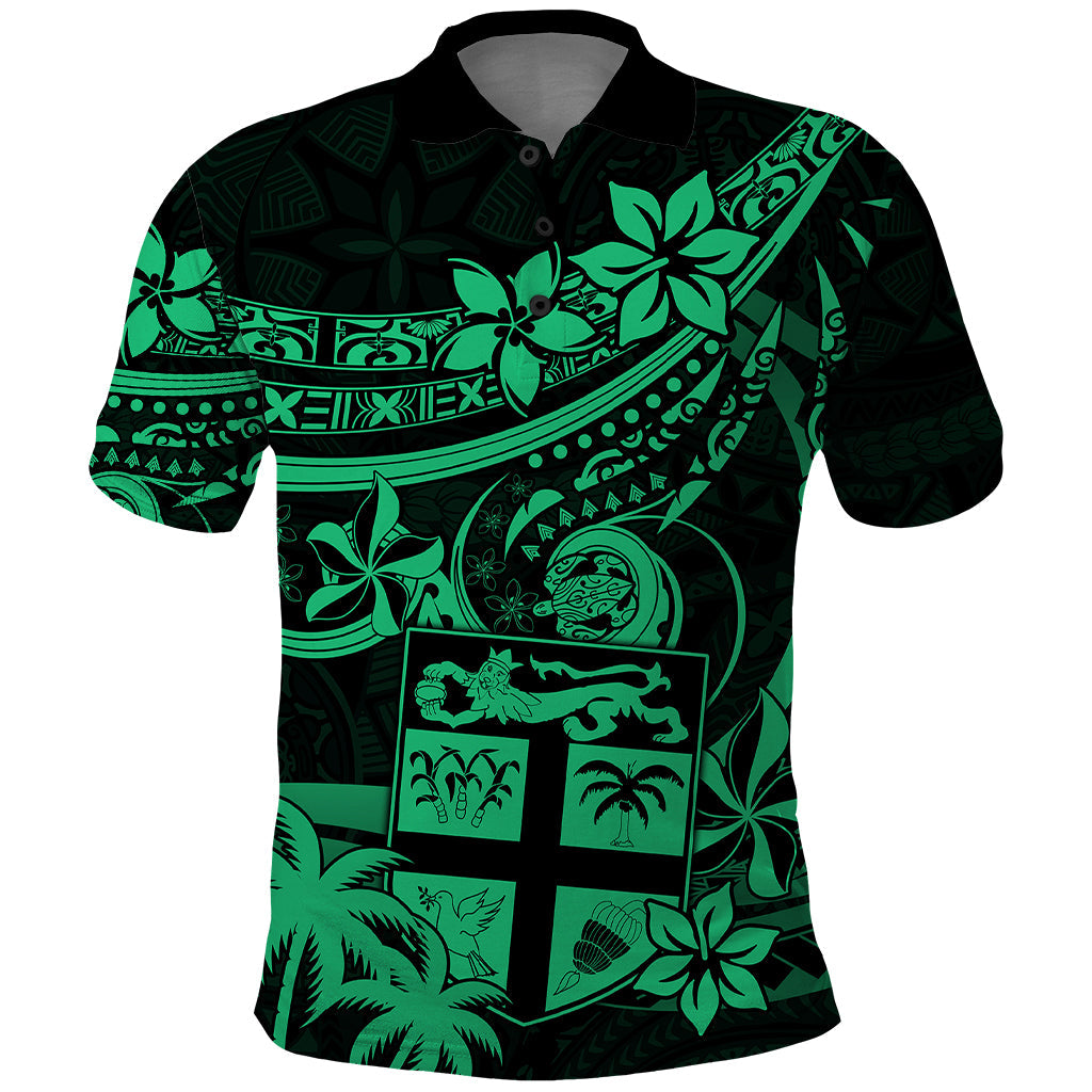Fiji Islands Polo Shirt Coat of Arms Fijian Flower Polynesian Pattern - Green