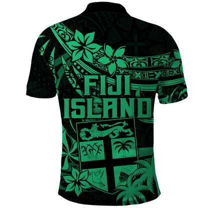 Fiji Islands Polo Shirt Coat of Arms Fijian Flower Polynesian Pattern - Green
