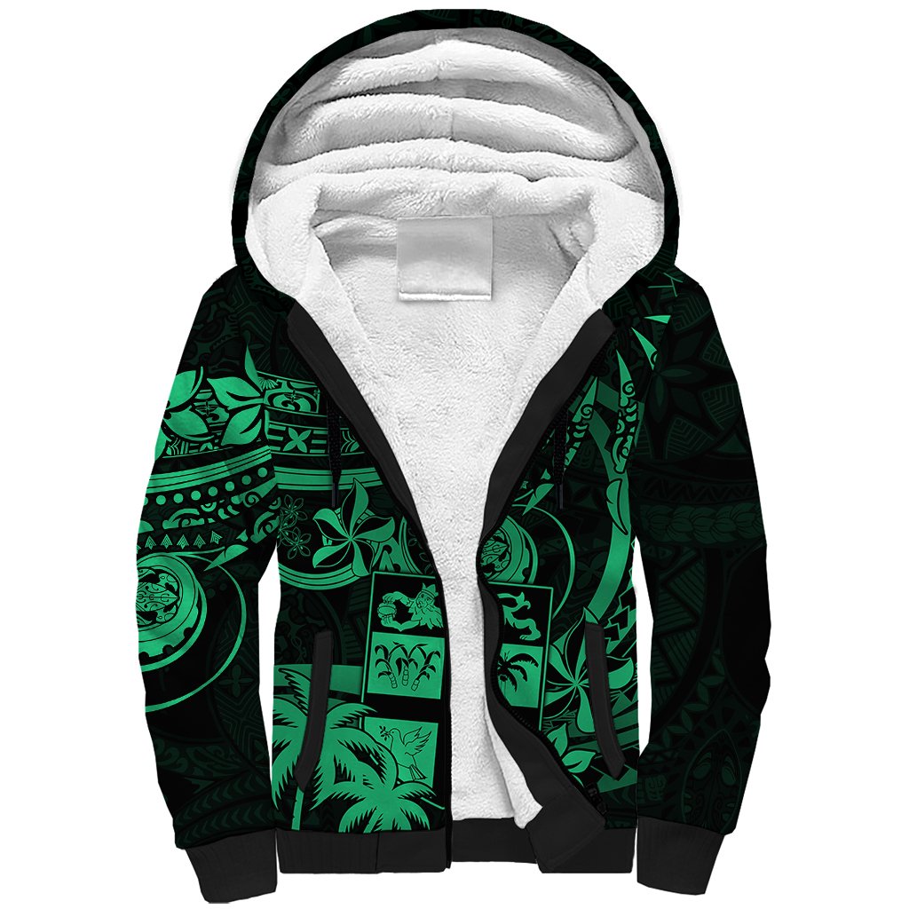 Fiji Islands Sherpa Hoodie Coat of Arms Fijian Flower Polynesian Pattern Green