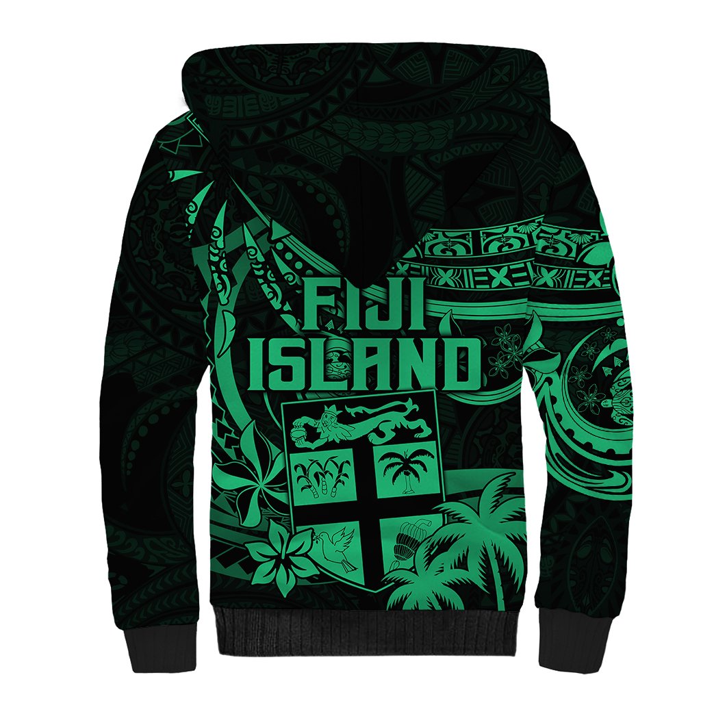 Fiji Islands Sherpa Hoodie Coat of Arms Fijian Flower Polynesian Pattern Green