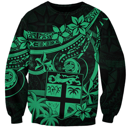 Fiji Islands Sweatshirt Coat of Arms Fijian Flower Polynesian Pattern Green
