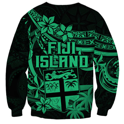 Fiji Islands Sweatshirt Coat of Arms Fijian Flower Polynesian Pattern Green