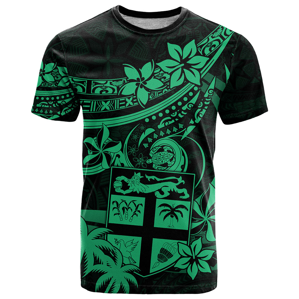 Fiji Islands T Shirt Coat of Arms Fijian Flower Polynesian Pattern Green