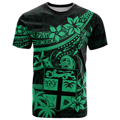 Fiji Islands T Shirt Coat of Arms Fijian Flower Polynesian Pattern Green