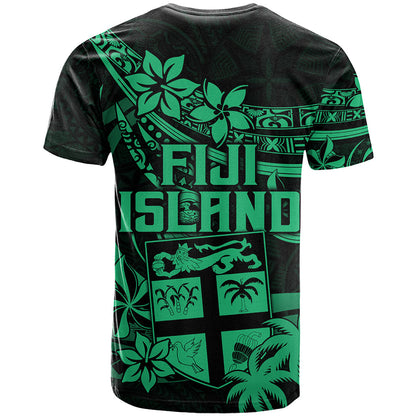 Fiji Islands T Shirt Coat of Arms Fijian Flower Polynesian Pattern Green