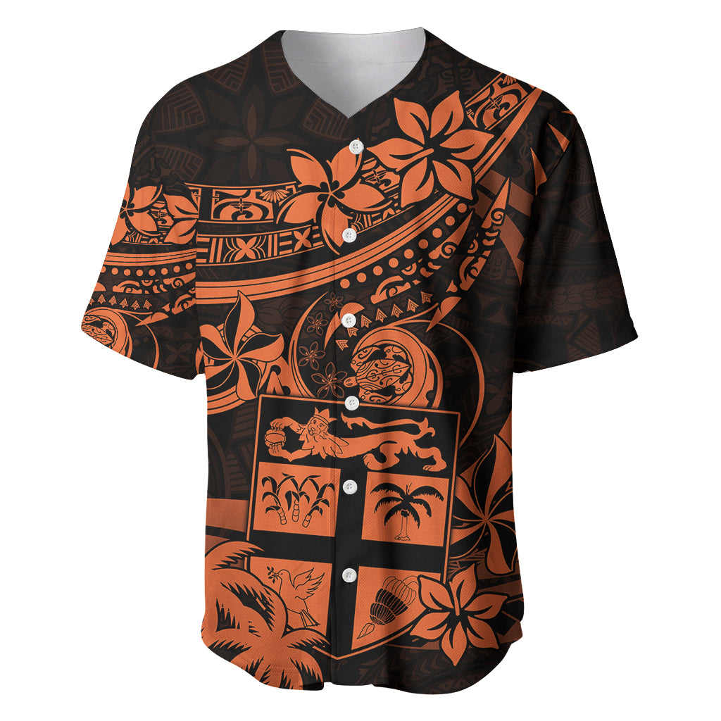 Fiji Islands Baseball Jersey Coat of Arms Fijian Flower Polynesian Pattern Orange