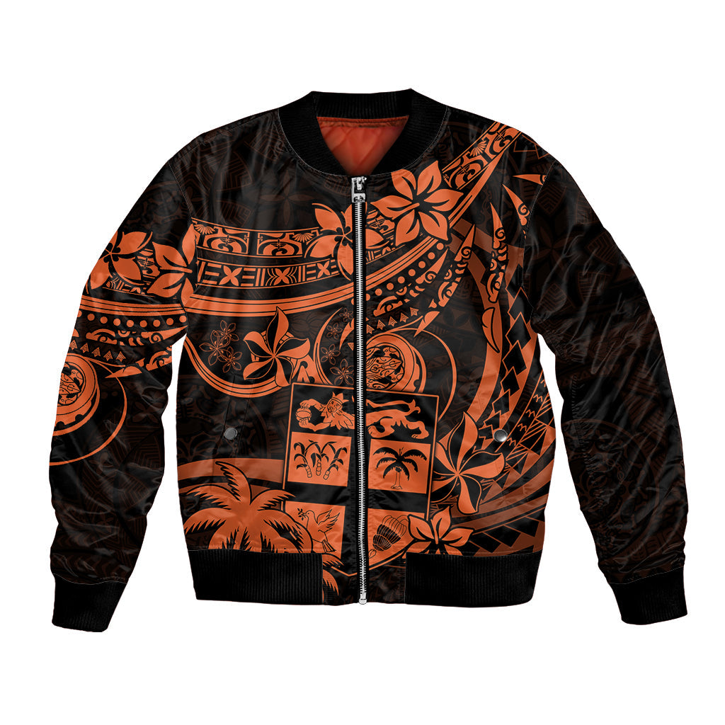 Fiji Islands Bomber Jacket Coat of Arms Fijian Flower Polynesian Pattern Orange