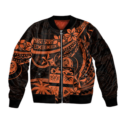 Fiji Islands Bomber Jacket Coat of Arms Fijian Flower Polynesian Pattern Orange