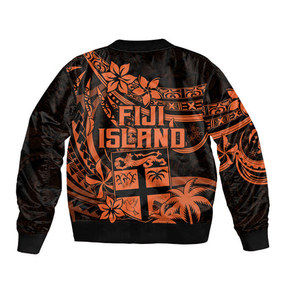 Fiji Islands Bomber Jacket Coat of Arms Fijian Flower Polynesian Pattern Orange