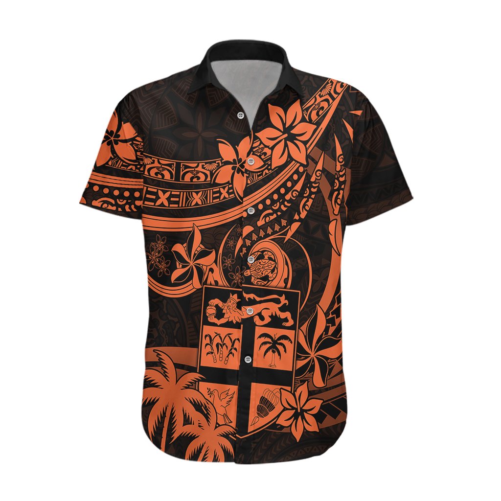 Fiji Islands Hawaiian Shirt Coat of Arms Fijian Flower Polynesian Pattern - Orange