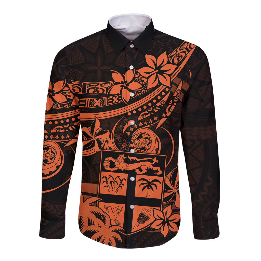Fiji Islands Long Sleeve Button Shirt Coat of Arms Fijian Flower Polynesian Pattern Orange