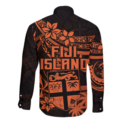 Fiji Islands Long Sleeve Button Shirt Coat of Arms Fijian Flower Polynesian Pattern Orange