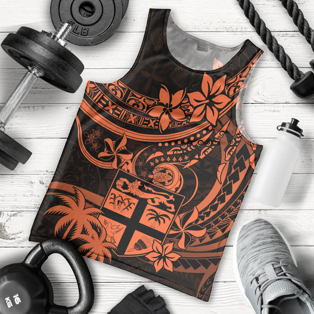 Fiji Islands Men Tank Top Coat of Arms Fijian Flower Polynesian Pattern Orange