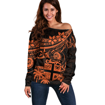 Fiji Islands Off Shoulder Sweater Coat of Arms Fijian Flower Polynesian Pattern Orange