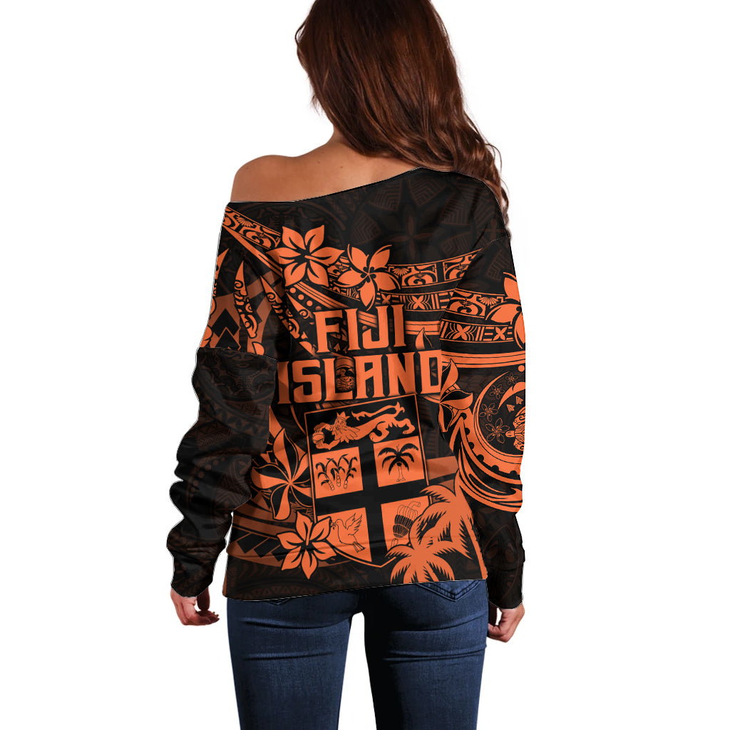 Fiji Islands Off Shoulder Sweater Coat of Arms Fijian Flower Polynesian Pattern Orange