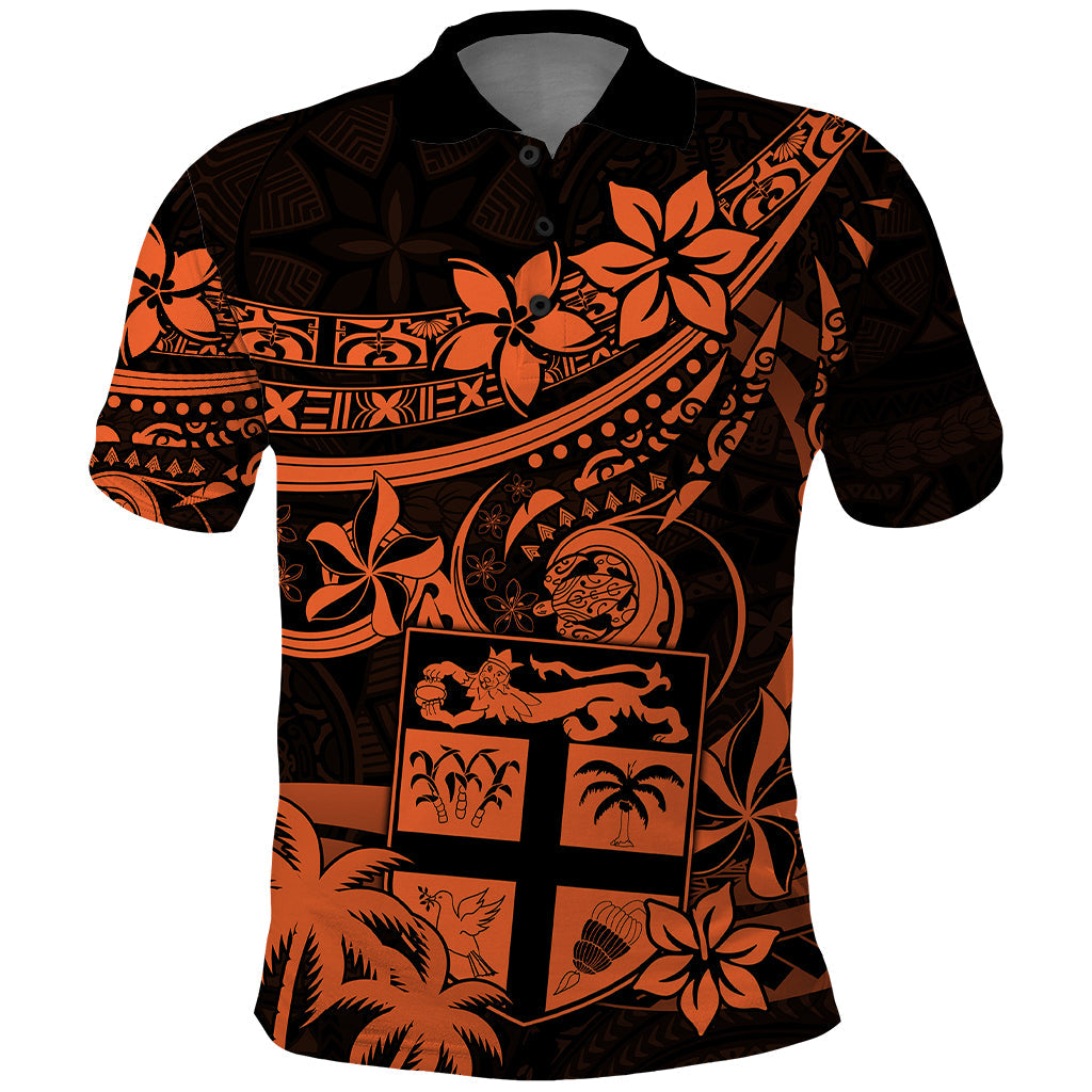 Fiji Islands Polo Shirt Coat of Arms Fijian Flower Polynesian Pattern - Orange