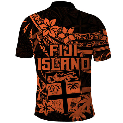 Fiji Islands Polo Shirt Coat of Arms Fijian Flower Polynesian Pattern - Orange