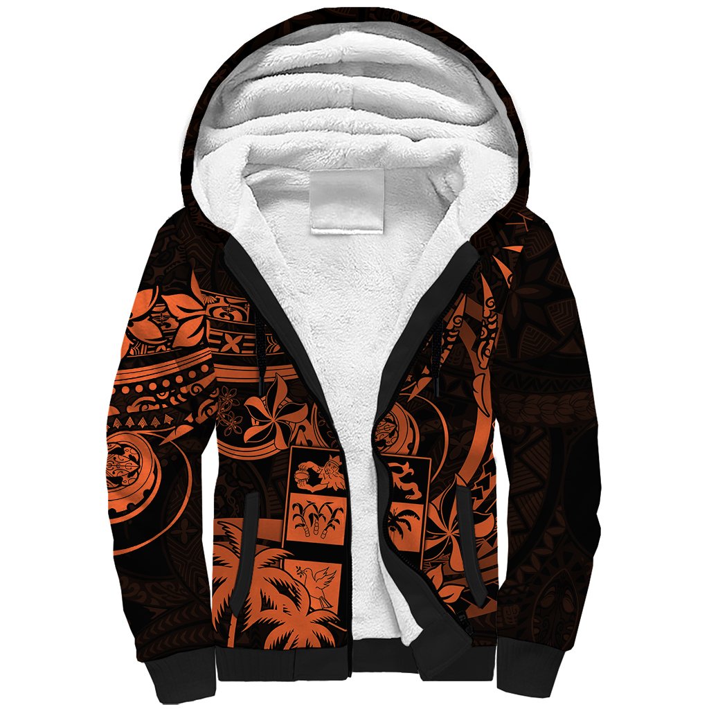 Fiji Islands Sherpa Hoodie Coat of Arms Fijian Flower Polynesian Pattern Orange