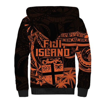 Fiji Islands Sherpa Hoodie Coat of Arms Fijian Flower Polynesian Pattern Orange