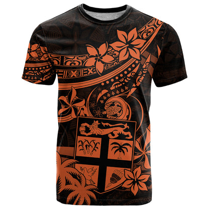 Fiji Islands T Shirt Coat of Arms Fijian Flower Polynesian Pattern Orange