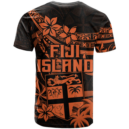 Fiji Islands T Shirt Coat of Arms Fijian Flower Polynesian Pattern Orange