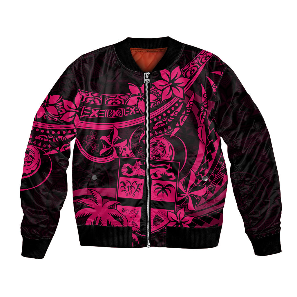 Fiji Islands Bomber Jacket Coat of Arms Fijian Flower Polynesian Pattern Pink