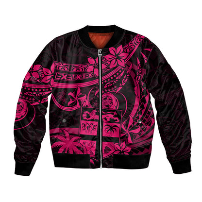 Fiji Islands Bomber Jacket Coat of Arms Fijian Flower Polynesian Pattern Pink