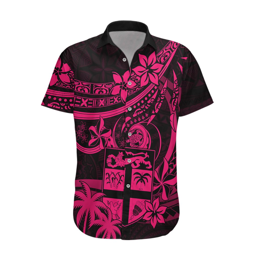 Fiji Islands Hawaiian Shirt Coat of Arms Fijian Flower Polynesian Pattern - Pink