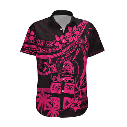 Fiji Islands Hawaiian Shirt Coat of Arms Fijian Flower Polynesian Pattern - Pink