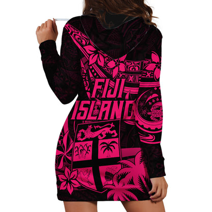 Fiji Islands Hoodie Dress Coat of Arms Fijian Flower Polynesian Pattern Pink