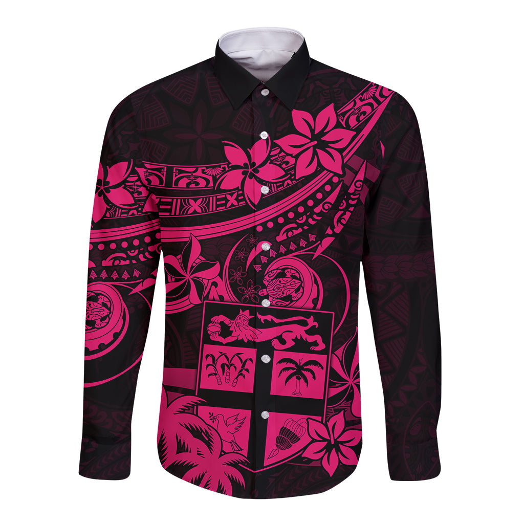 Fiji Islands Long Sleeve Button Shirt Coat of Arms Fijian Flower Polynesian Pattern Pink
