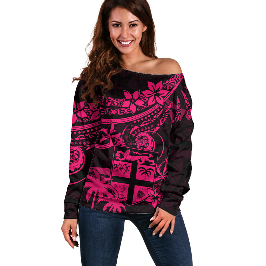 Fiji Islands Off Shoulder Sweater Coat of Arms Fijian Flower Polynesian Pattern Pink